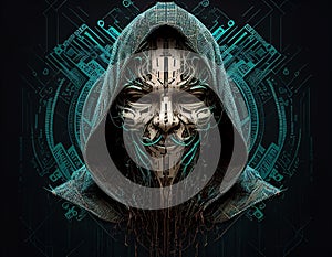 Portrait of anonymous robot hacker. Concept of hacking cybersecurity, cybercrime, cyberattack, etc