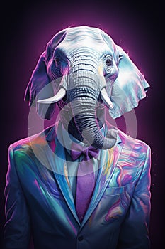 portrait of a Anthropomorphic elefant in a beautiful elegant jacket on a plain color background in the studio. Retro style photo.