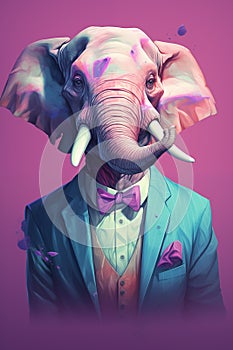 portrait of a Anthropomorphic elefant in a beautiful elegant jacket on a plain color background in the studio. Retro style photo.