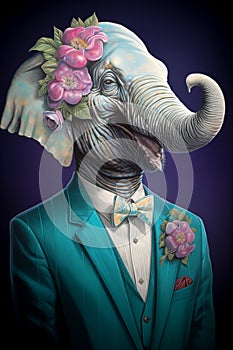 portrait of a Anthropomorphic elefant in a beautiful elegant jacket on a plain color background in the studio. Retro style photo.