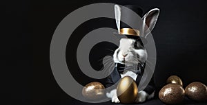 Portrait of an anthropomorphic elegant Bunny human dressed in a black tailcoat, bow tie and top hat. holding a golden egg in his