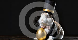 Portrait of an anthropomorphic elegant Bunny human dressed in a black tailcoat, bow tie and top hat. holding a golden egg in his