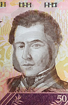 Portrait of Antonio Jose de Sucre on Venezuela Bolivar currency banknote