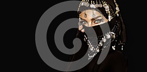 Portrait of an Arabian Princess. Beautiful Arabian woman portrait on white background. Young Hindu woman. Portrait of beauty