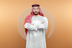 Portrait of Arabs men in national clothes. Dishdasha, kandora, thobe, islam. Copy space photo