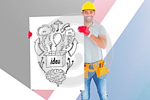 Portrait of architect holding billboard with various icons against colored background