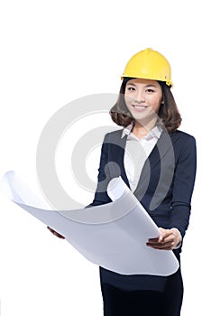 Portrait of architect student woman with blueprints protect wear