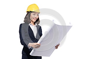 Portrait of architect student woman with blueprints protect wear