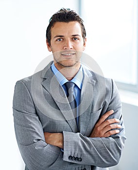 Portrait, arms crossed and business man in company, corporate office or workplace pride. Face, professional employee and