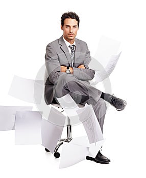 Portrait, arms crossed or business man with paperwork isolated on white studio background. Documents in air, serious