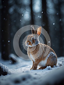 Portrait of an artic hare, forest at night in winter with snow in progress