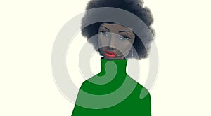 Portrait artwork. Illustration of Beautiful black African woman face with afro hairstyle, fashion design painting, imagination ar