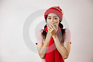 Portrait of asia woman covering her mouth.