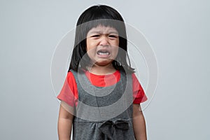 Portrait of Asian angry, sad and cry little girl on white isolated background, The emotion of a child when tantrum and mad,