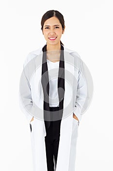 Portrait of asian an attractive young female doctor in white coat about medical or science health care concept on white background