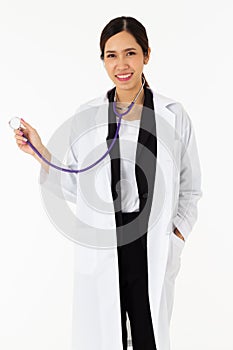 Portrait of asian an attractive young female doctor in white coat about medical or science health care concept on white background