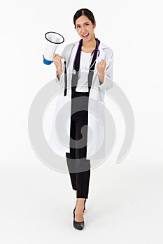 Portrait of asian an attractive young female doctor in white coat about medical or science health care concept on white background