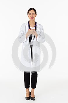 Portrait of asian an attractive young female doctor in white coat about medical or science health care concept on white background