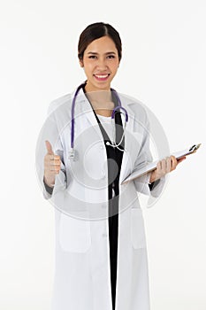 Portrait of asian an attractive young female doctor in white coat about medical or science health care concept on white background