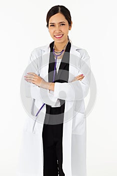 Portrait of asian an attractive young female doctor in white coat about medical or science health care concept on white background