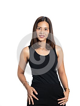 Portrait of a asian beautiful woman Skin Tanned in a black dres