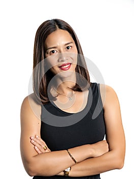 Portrait of a asian beautiful woman Skin Tanned in a black dres