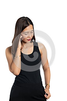 Portrait of a asian beautiful woman Skin Tanned in a black dres