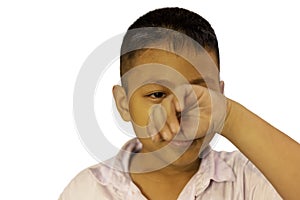 Portrait of asian boy crying with his hand cover his face in clippinh path.