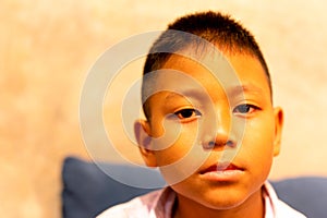 Portrait of asian boy crying with tear on his face.