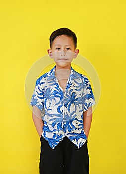 Portrait of Asian boy in summer dress costumes according to Thai culture to celebrate the Songkran festival of people on Thailand