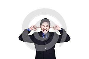 Portrait of asian business man covering ears with his hand