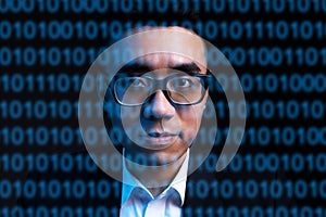 Portrait of asian businessman with lines of code on his face. Concept of human being digitized in the future photo