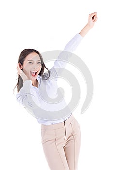 Portrait of asian bussinesswoman celebrating success Isolated on white background