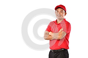 Portrait of Asian delivery man, messenger, employee, worker, service provider smiling and looking happy and welcome