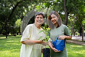 Portrait, Asian family mom and daughter plant sapling tree outdoors in nature park, Concept of happy retirement With care from a