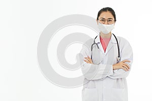 Portrait of Asian female doctor in white gown coat wearing eyes glasses standing and fold arms over chest isolated on white