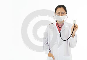 Portrait of Asian female doctor in white gown coat wearing eyes glasses standing and fold arms over chest isolated on white