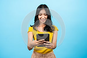 Portrait, asian girl long hair wearing fitted shirt, stood chatted with friends on an online app in laptop