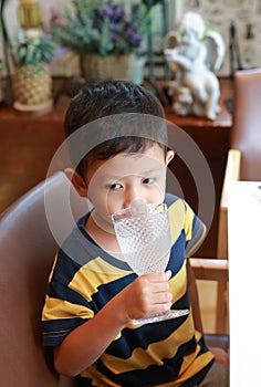 Portrait of Asian little boy drinking water from glass while sitting at restaurant