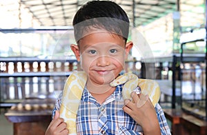 Portrait of Asian little boy with pet snake or royal albino python (Boa constrictor snake)