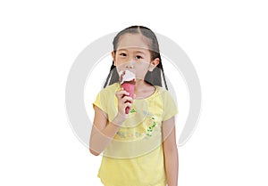 Portrait asian little child girl eating ice cream cone isolated on white background