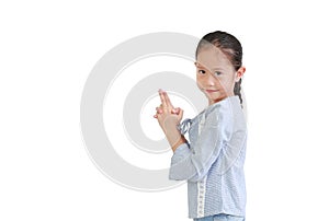 Portrait asian little child girl expression finger with imaginary gun isolated on white background with copy space. Kid gesture