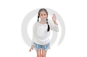 Portrait asian little kid girl shows palm hand isolated on white background. Kid gestures five fingers with looking camera