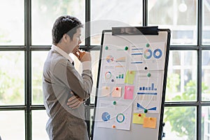 Portrait of asian male accountant working on desk calculating tax yearly financial