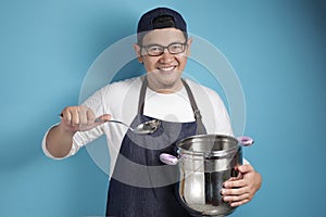 Asian Male Chef Making Soup, Chef Holding Kitchen Tool Pot and Ladle