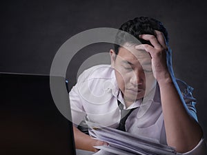 Tired Upset Man Working on Laptop , Bad Negative Emotion