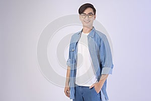 Portrait of asian man wearing glasses over white background studio, eyecare concept
