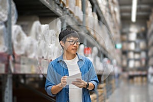 Portrait Asian men, staff, product counting Warehouse Control Manager Standing, counting and inspecting products in the warehouse