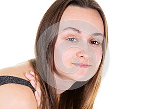 Portrait of asian mixed race lovely woman posing with kind smile isolated over white background