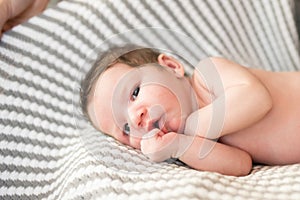 Portrait of asian parent hands holding newborn baby fingers, Closeup mother s hand holding their new born baby. Love family